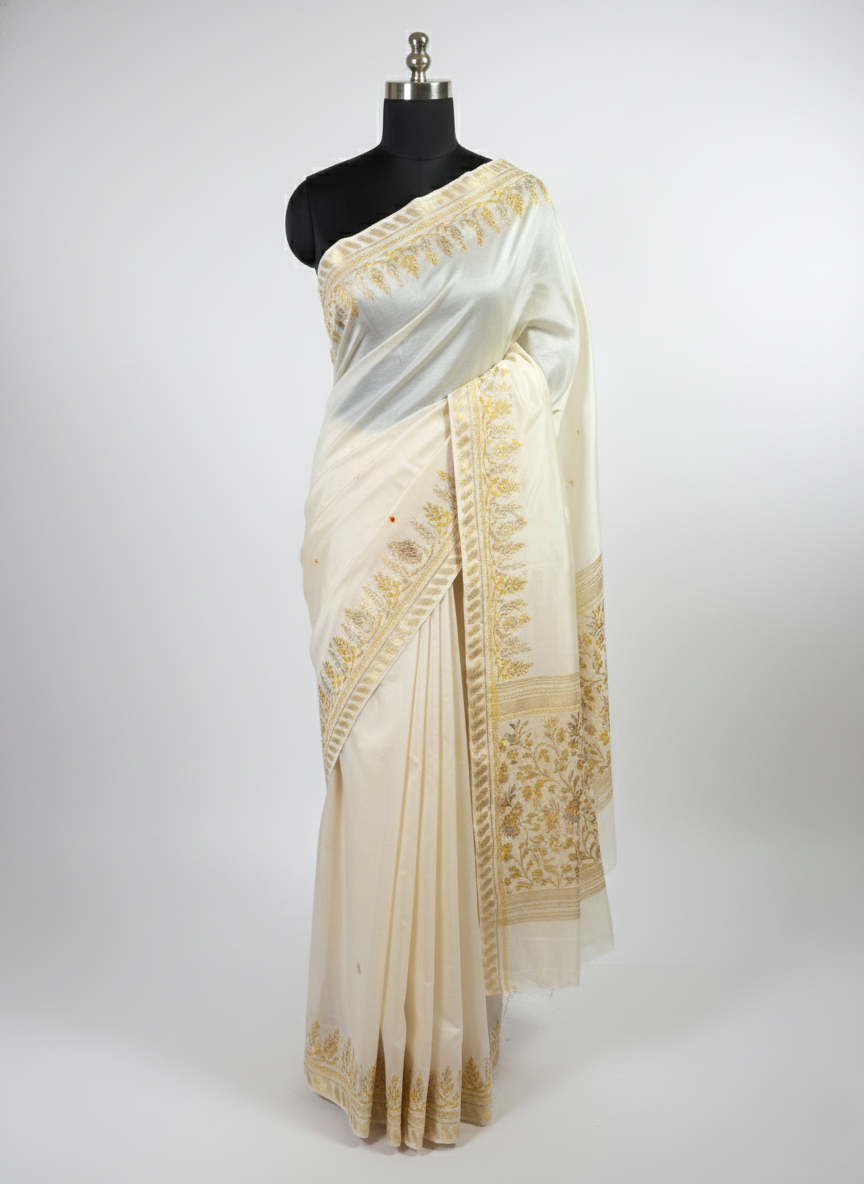 Organza saree with resham embroidry and banarasi patch border