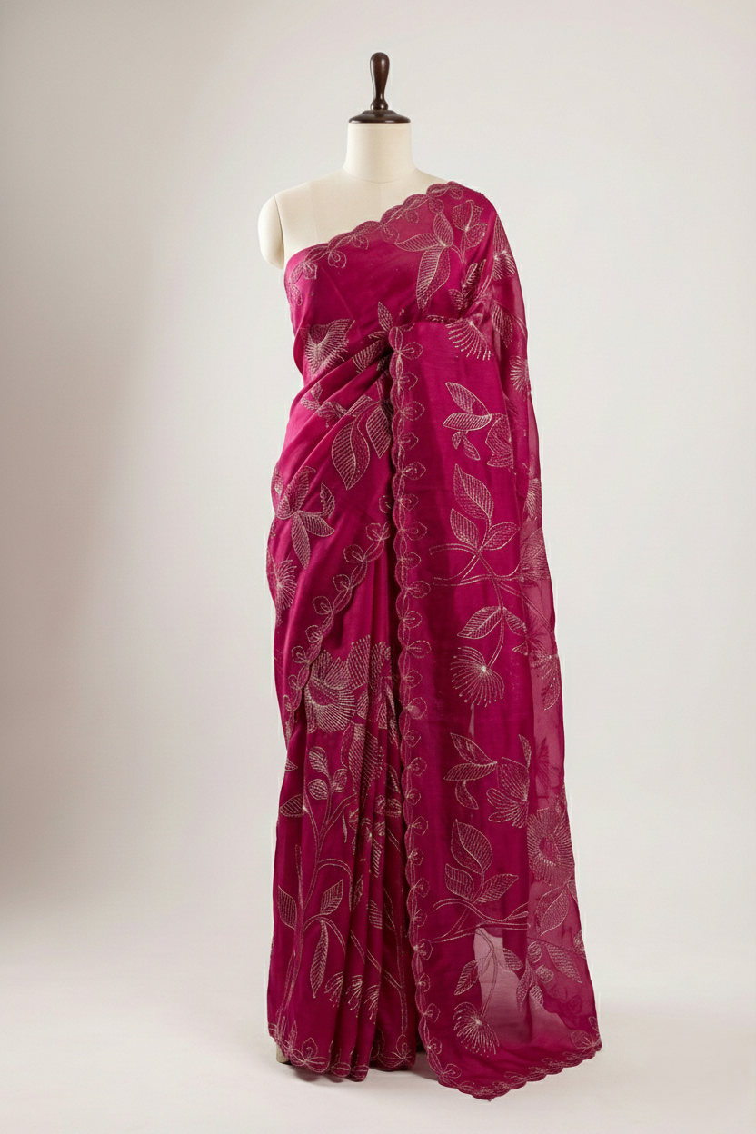 organza saree having with beautiful resham and zari thread coding pitta work embroidery with beautiful resham embroidered scalloped border allover the saree