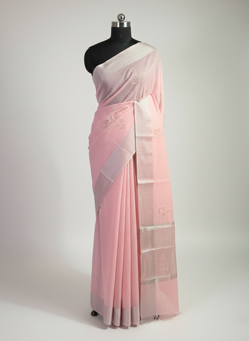 linen cotton zari border saree with organza floral applique work embroidery with silver cording work