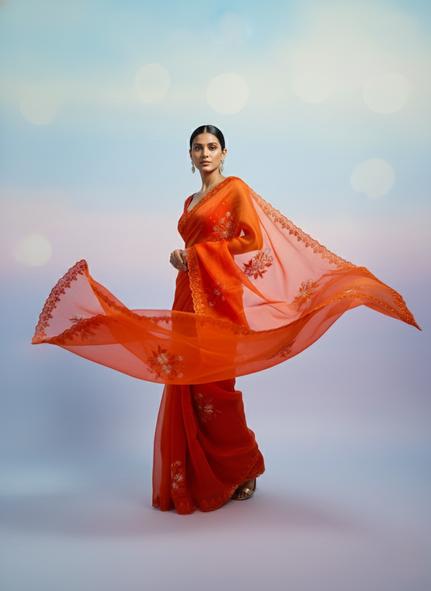 organza saree having with beautiful resham and zari thread coding pitta work embroidery with beautiful resham embroidered scalloped border allover the saree