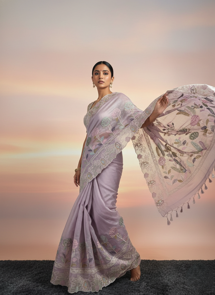 pure kora organza silk saree with beautiful multi resham thread work intricate imbroidery it has beautiful tissue applique and cutwork detailing along with this fully embroidered jaal work blouse
