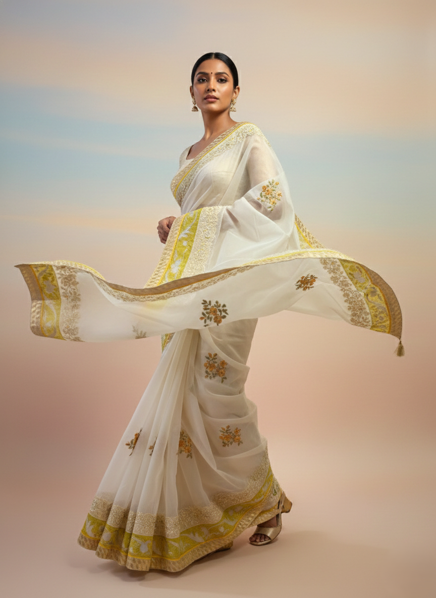 Organza saree with resham embroidry and banarasi patch border