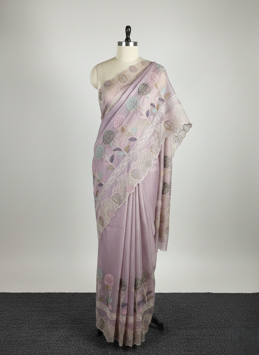 pure kora organza silk saree with beautiful multi resham thread work intricate imbroidery it has beautiful tissue applique and cutwork detailing along with this fully embroidered jaal work blouse